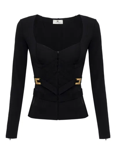 ELISABETTA FRANCHI CROSS-FRONT PANELED JACKET WITH SWEETHEART NECKLINE AND BUCKLE DETAILING