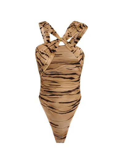 Elisabetta Franchi Crossed-sash Tiger-print Bodysuit In Brown