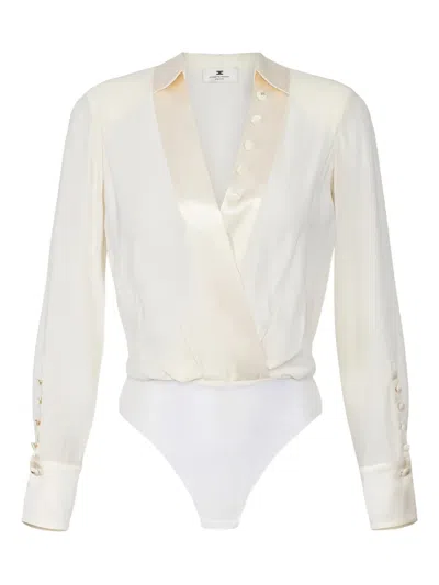 Elisabetta Franchi Crossover Satin Bodysuit In Neutral