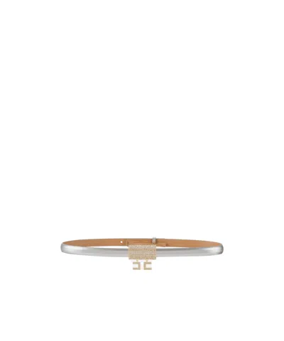 Elisabetta Franchi Adjustable Vegan Leather Belt With Embellished Buckle In Silver