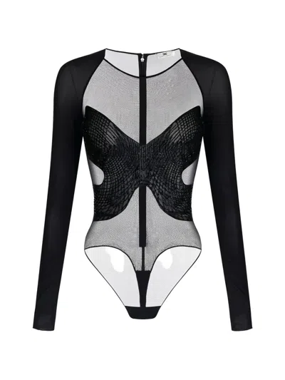 Elisabetta Franchi Crystal-embroidered Long-sleeves Bodysuit In Black