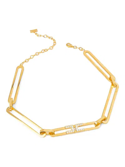 Elisabetta Franchi Crystal-logo Rectangle-link Necklace In Gold