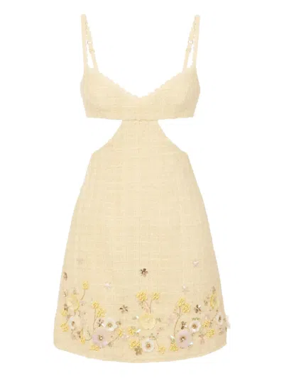 Elisabetta Franchi Cut-out Floral-embroidered Mini Cocktail Dress In Yellow