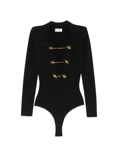 Elisabetta Franchi Bodysuit Plunging Neckline Long Sleeves Ribbed In Black