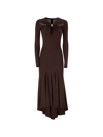 Elisabetta Franchi Maxi Dress Draped Design Long Sleeves Keyhole In Brown