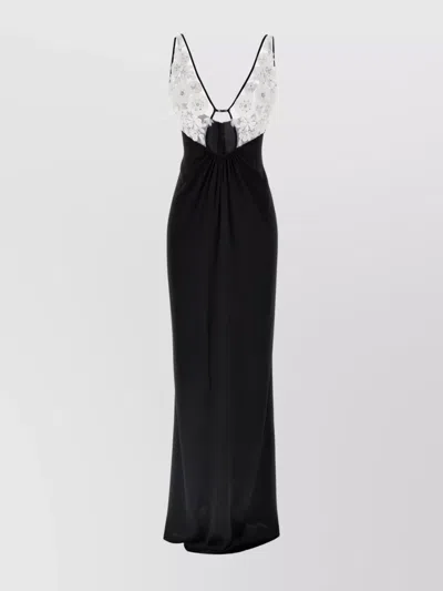 ELISABETTA FRANCHI CUTOUT V-NECK FLORAL FLOOR-LENGTH SLEEVELESS DRESS