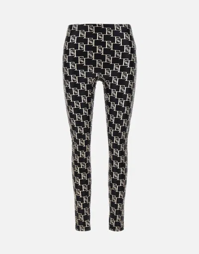 Elisabetta Franchi Daily Shiny Lycra Leggings With All Over Logo Print In Black