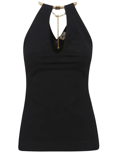 Elisabetta Franchi Deep Halterneck Knit Top With Removable Snakeskin Necklace In Black
