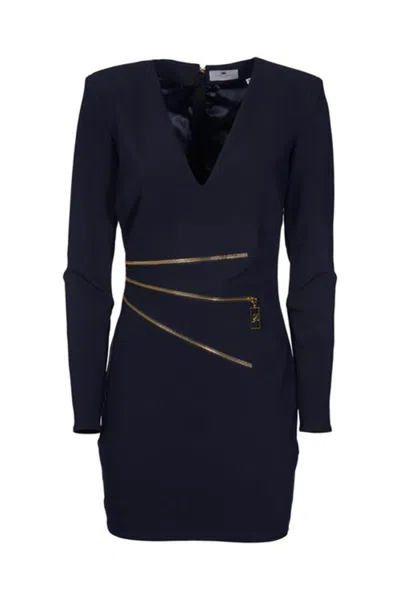 Elisabetta Franchi Deep V-neck Dress With Gold Zipper Detail In Black