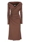 Elisabetta Franchi Deep V-neck Midi Dress With Metallic Accents In Brown