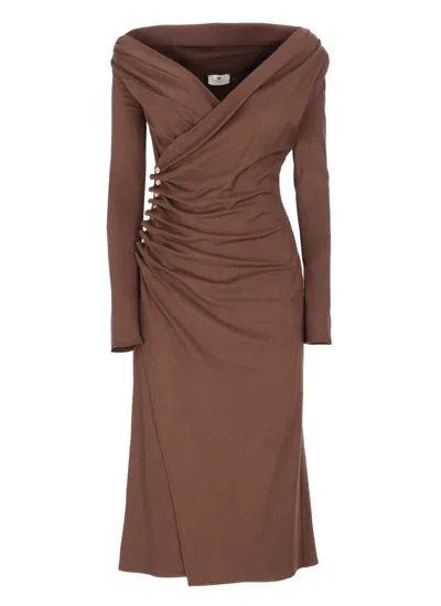 Elisabetta Franchi Deep V-neck Midi Dress With Metallic Accents In Brown