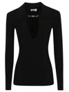 Elisabetta Franchi Deep V-neck Sweater With Gold Accent And Ribbed Texture In Black
