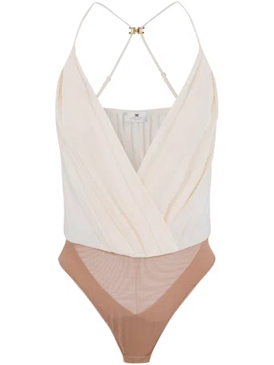 Elisabetta Franchi Deep V-neck Bodysuit With Sheer Mesh Panel In Multi