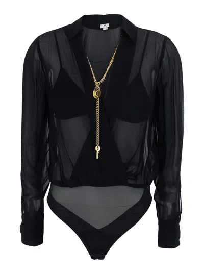 Elisabetta Franchi Deep V-neck Chain-detail Bodysuit With Semi-transparent Wrap In Multi