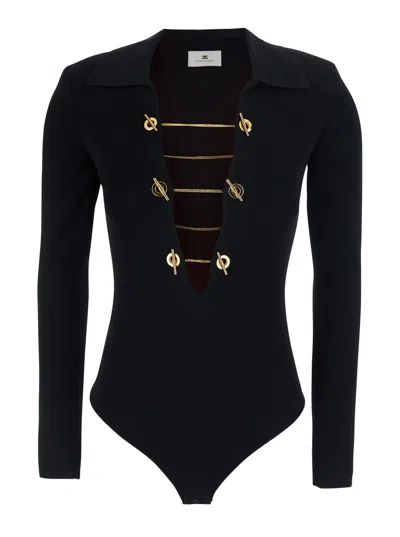 Elisabetta Franchi Deep V-neck Fitted Top With Chain Detail In Black