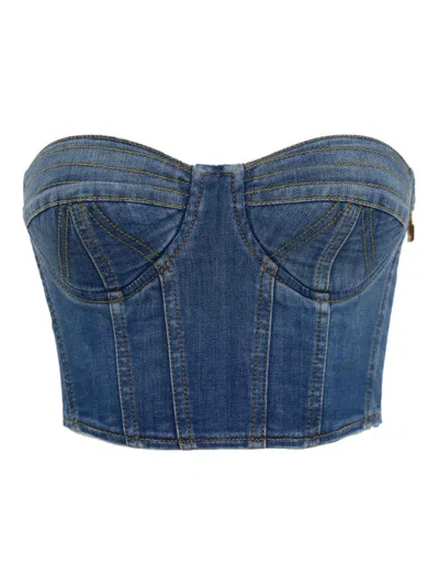 Elisabetta Franchi Denim Bustier Top In Blue