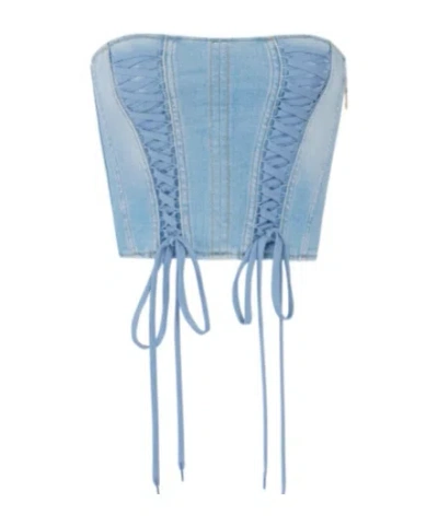 Elisabetta Franchi Denim Bustier Top With Crossover Laces In Blue