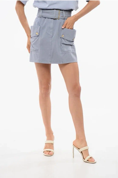 Elisabetta Franchi Denim Cargo Miniskirt With Belt In Blue
