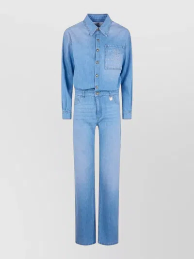 Elisabetta Franchi Denim Cotton Jumpsuit Long Sleeves Chest Pocket In Blue