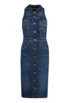 Elisabetta Franchi Denim Midi Dress With Button Placket In Navy
