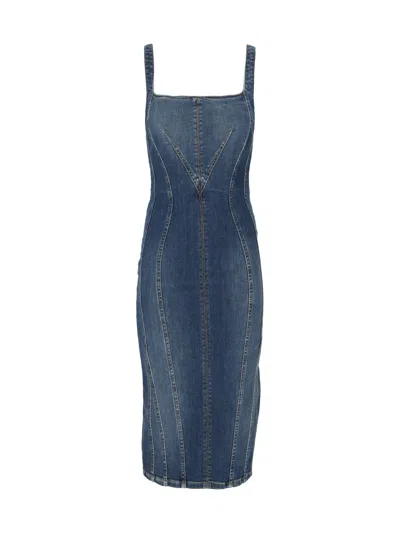 Elisabetta Franchi Denim Fitted Square Neck Day Dress In Blue