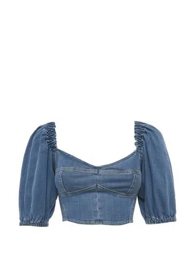 Pre-owned Elisabetta Franchi Denim Gathered Top In Blue