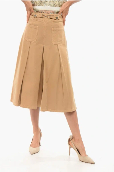 Elisabetta Franchi Denim Gaucho Shorts With Front Pleats In Brown