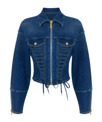 Elisabetta Franchi Denim Jacket With Crossover Laces In Blue
