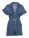 Elisabetta Franchi Denim Suit With V-neck And Belt In Blue