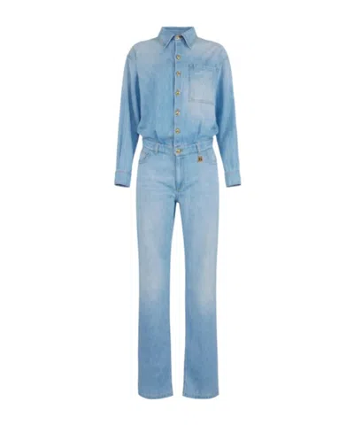 Elisabetta Franchi Denim Jumpsuit With Lettering Detail In Blue
