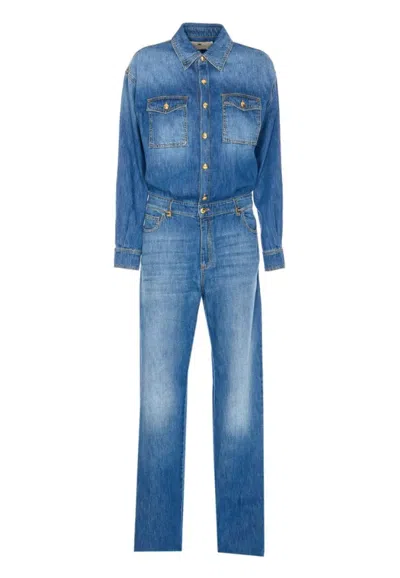 Elisabetta Franchi Denim Jumpsuit With Logo Details In Blue