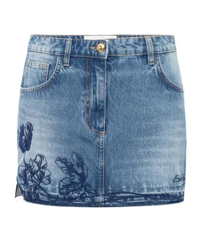 Elisabetta Franchi Denim Miniskirt With Floral Embroidery In Light Denim