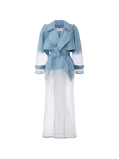 Elisabetta Franchi Denim Organza Trench Coat In Blue