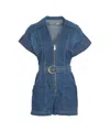 Elisabetta Franchi Mc Short Denim Monkey With Belt Detail In Blue