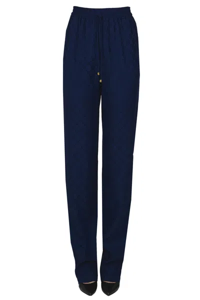 Elisabetta Franchi Designer Logo Print Satin Trousers In Blue