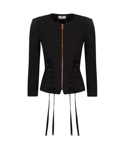 Elisabetta Franchi Diagonal Lace Jacket In Black