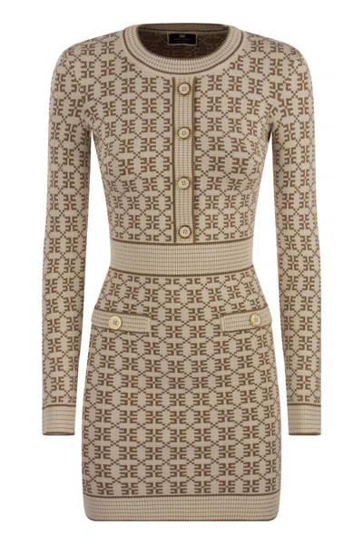 ELISABETTA FRANCHI DIAMOND LOGO MINI-DRESS IN JACQUARD PIQUE WITH STRUCTURED SHOULDERS AND GOLD BUTTONS