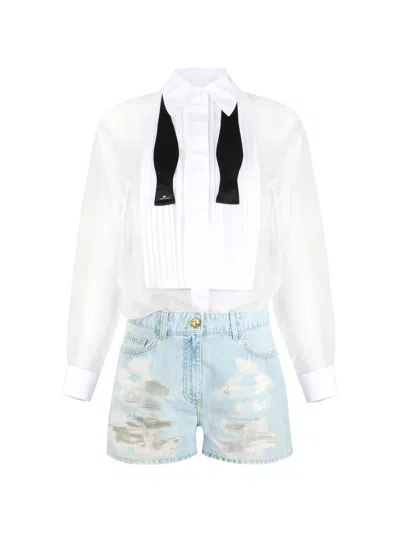 Elisabetta Franchi Distressed Denim Cropped Pant Suit In White