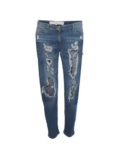 Pre-owned Elisabetta Franchi Distressed Straight-leg Jeans In Blue