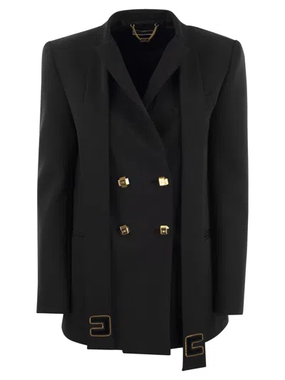 Elisabetta Franchi Stylish Double-breasted Jacket With Velvet Scarf And Gold Metal Details In Black
