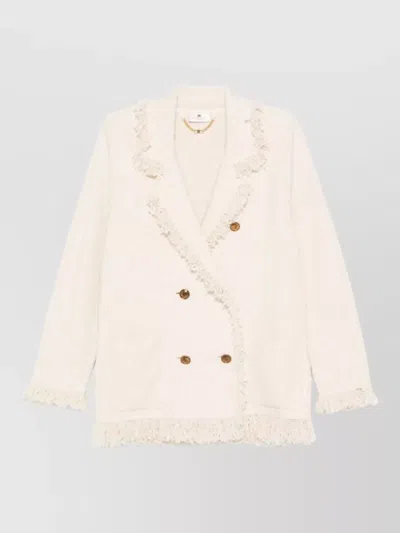 Elisabetta Franchi Double Breasted Fringe Blazer Gold Tone Buttons In White