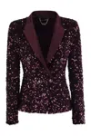 Elisabetta Franchi Double-breasted Jacket In Chenille Embroidered With Sequins In Red