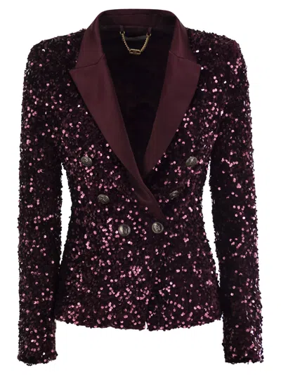 Elisabetta Franchi Double-breasted Jacket In Chenille Embroidered With Sequins In Bordeaux