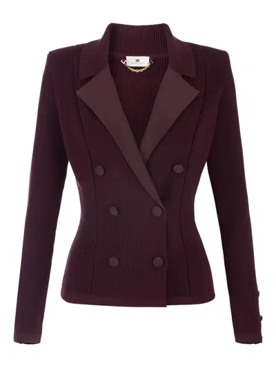 Elisabetta Franchi Double-breasted Ribbed-knit Blazer In Purple