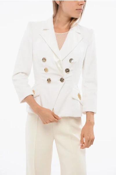 Elisabetta Franchi Double-breasted Slim Fit Velour Blazer In White