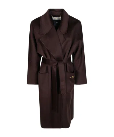 Elisabetta Franchi Double Cloth Belted Coat In Brown
