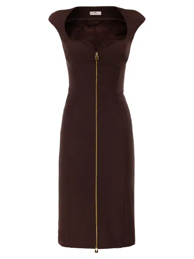 Elisabetta Franchi Sleeveless Fitted Dress With Deep V-neck And Full Z In Brown