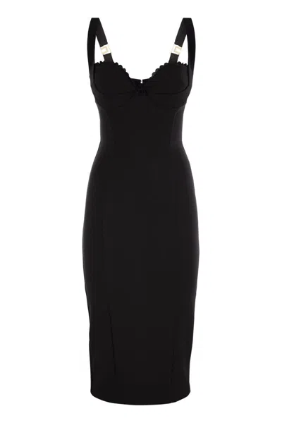 Elisabetta Franchi Double Stretch Crepe Dress With Embroidered Scalloping In Black