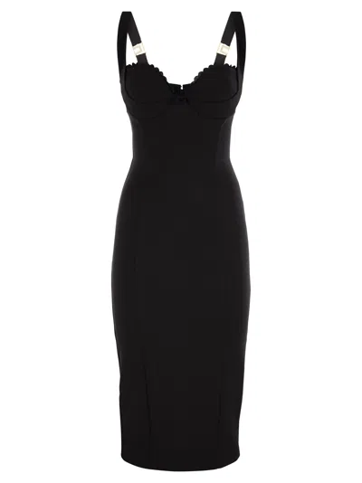 ELISABETTA FRANCHI DOUBLE STRETCH CREPE DRESS WITH EMBROIDERED SCALLOPING