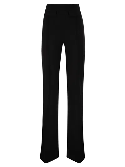Elisabetta Franchi Double Stretch Crepe Trousers With Embroidered Logo In Black